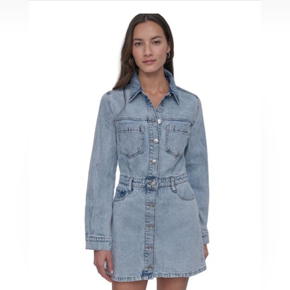 DKNY Women's Light Blue Button-Down Long-Sleeve Denim Dress
